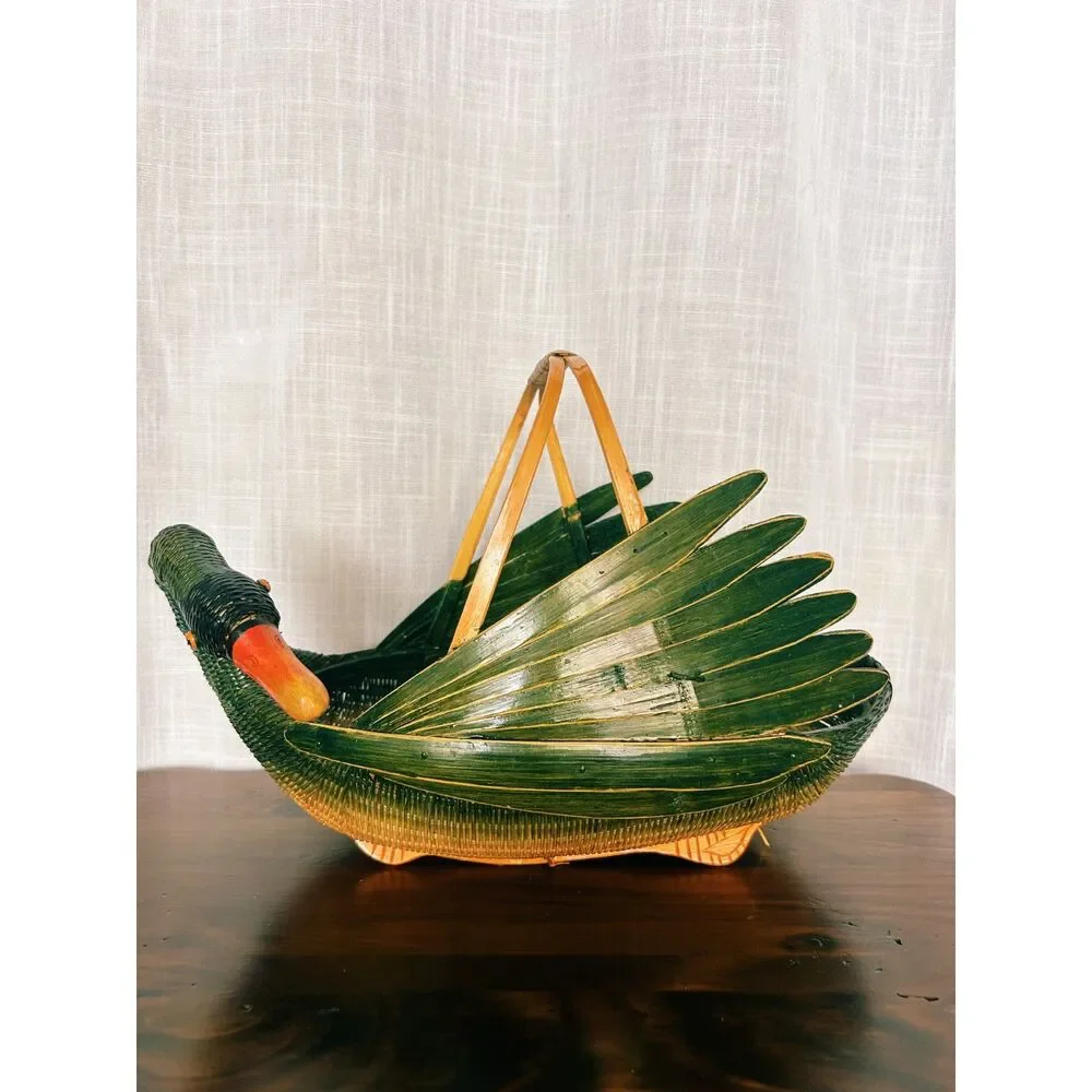 Vintage Chinese Hand-Woven Bamboo Duck Gathering Basket